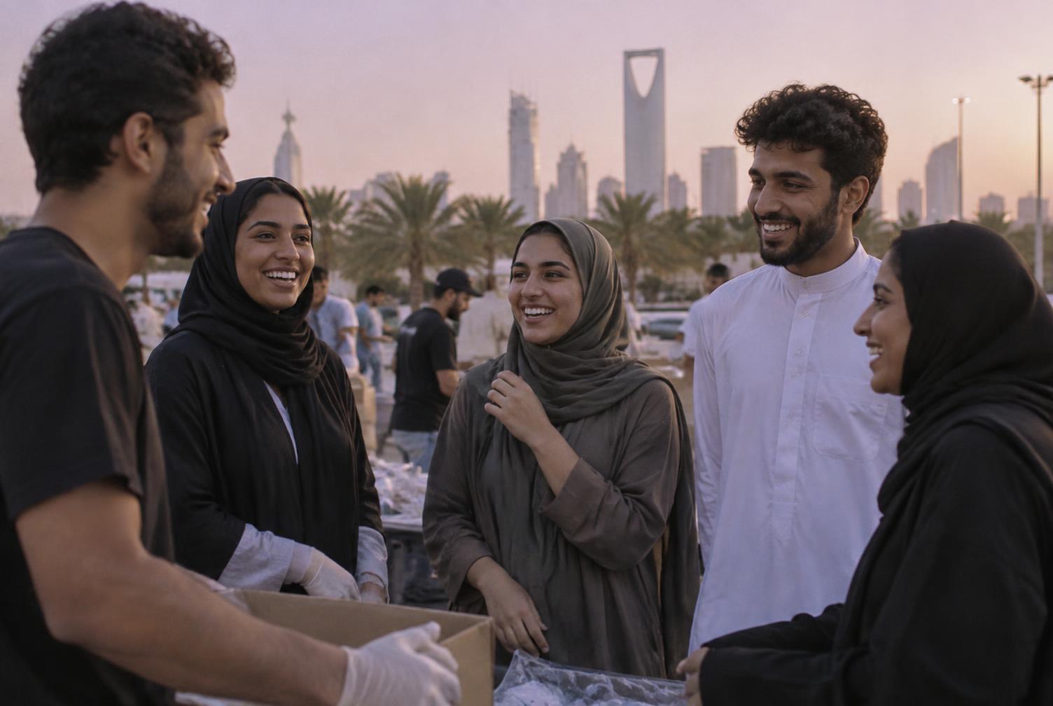 Volunteers talking together at golden hour in Riyadh